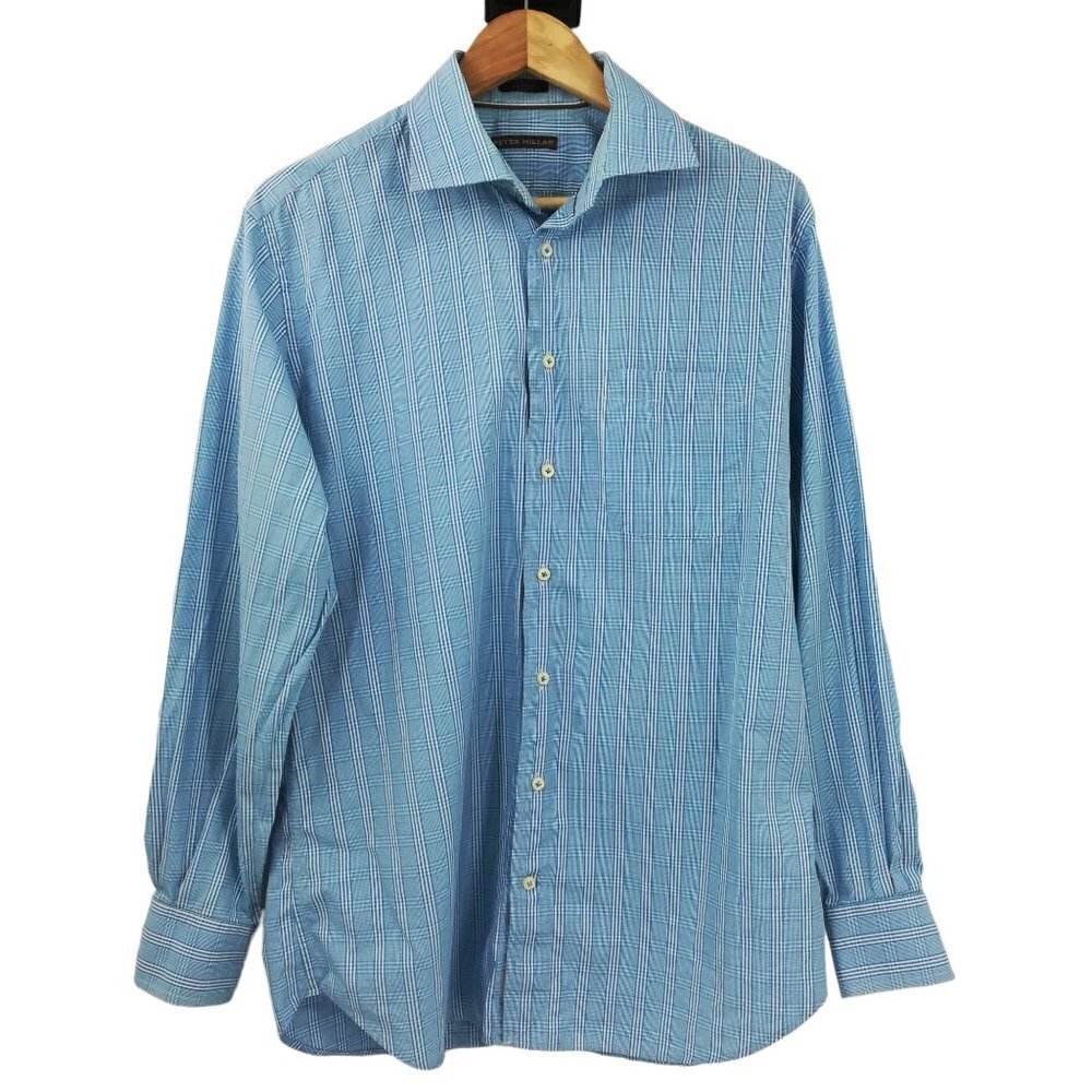 Peter Millar Blue Plaid Button Front Shirt Size L Collar Casual Check White